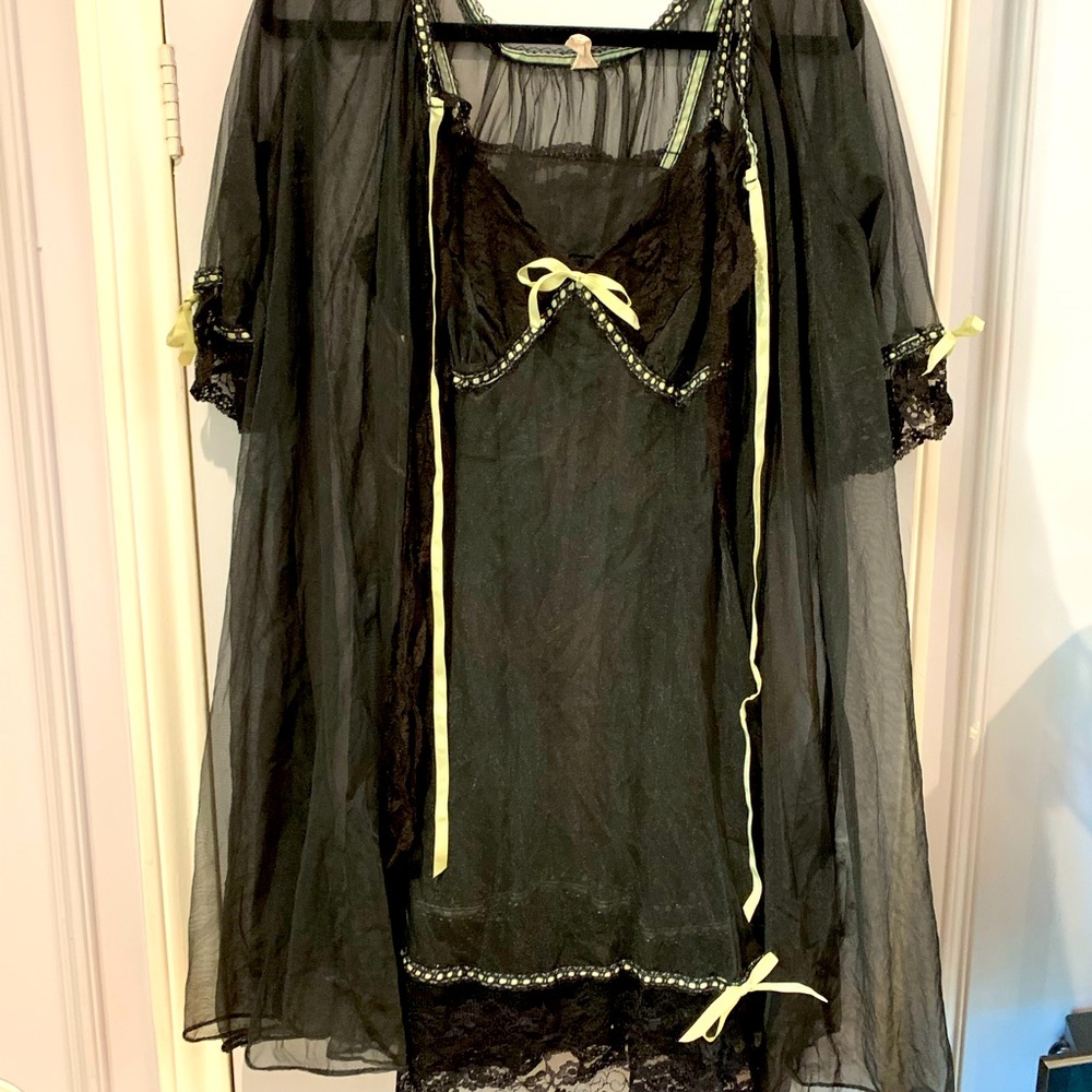 Gorgeous Vintage Peignoir set black with light lime ribbons, sheer slip dress.